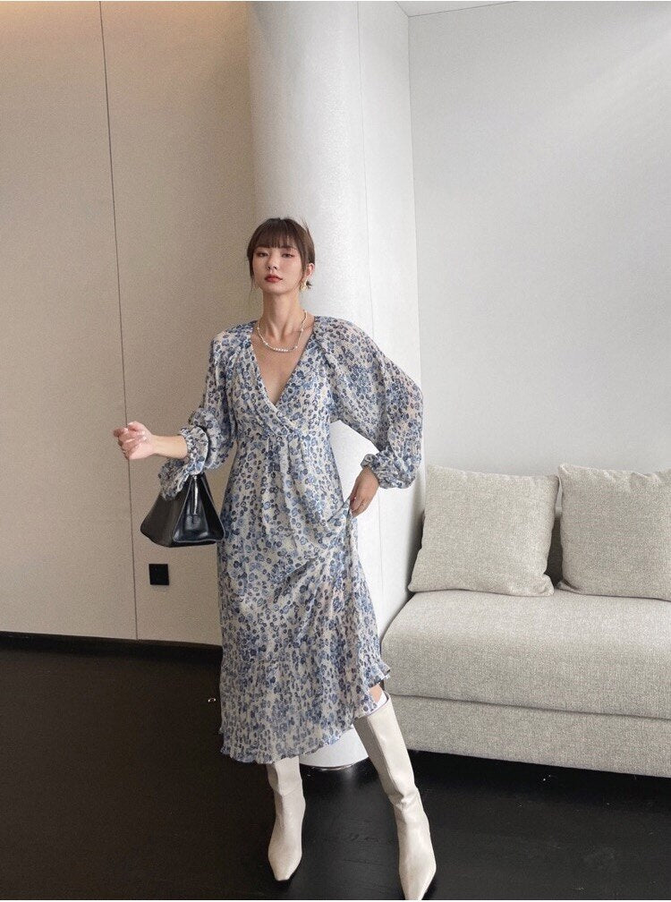Korean Fashion Chic Midi Long Dresses For Women Lantern Long Sleeve Vintage Floral V-neck Loose Sexy Beach Boho Lady Dress Femme
