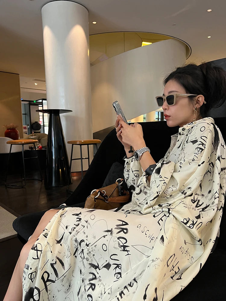 Women Dress Printed Lantern Sleeve Single Breasted Shirt Dress Loose Leisure Oversized Long Dresses