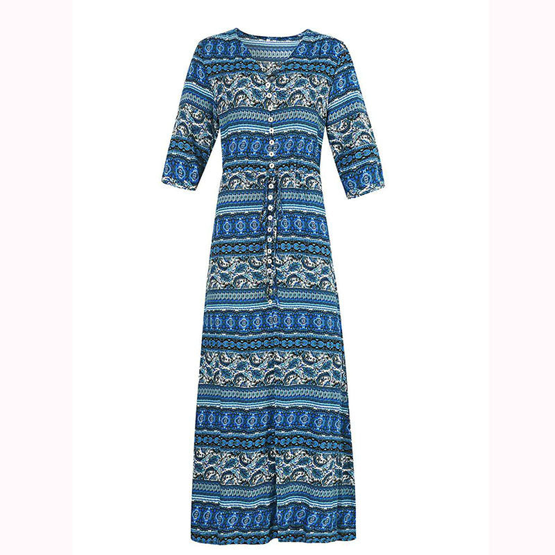 Boho Print V-Neck Maxi Dress With Elastic Waist