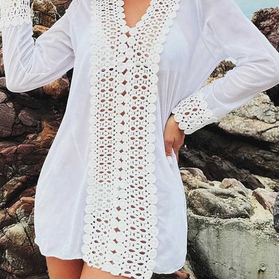 Lace crochet hollowed out sun protection beach cover shirt