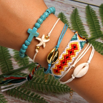 6 Pieces Puka Shell Bracelet Set Cross Beads Weave Boho Fashion Girl Friendship Charm Bracelet Summer Jewelry