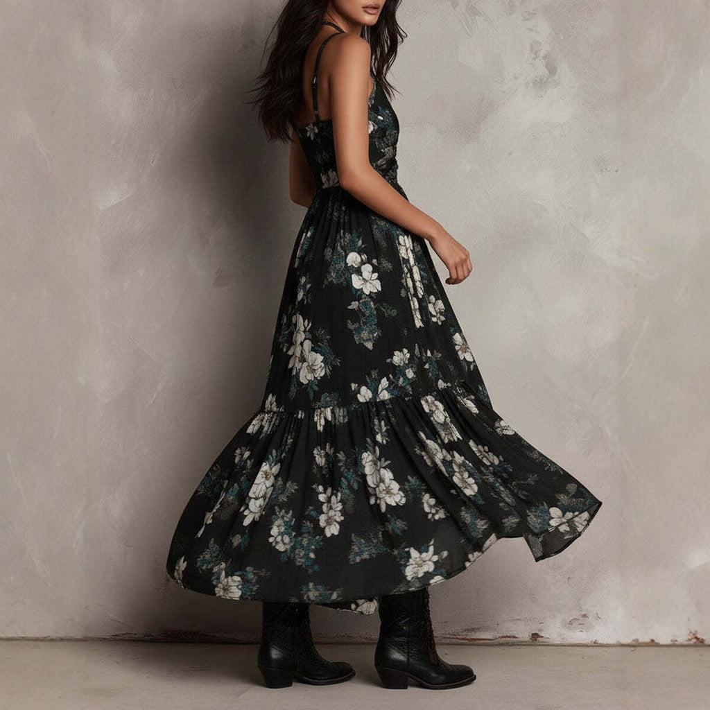 Boho V-Neck Printed Cami Maxi Dress With High Slit
