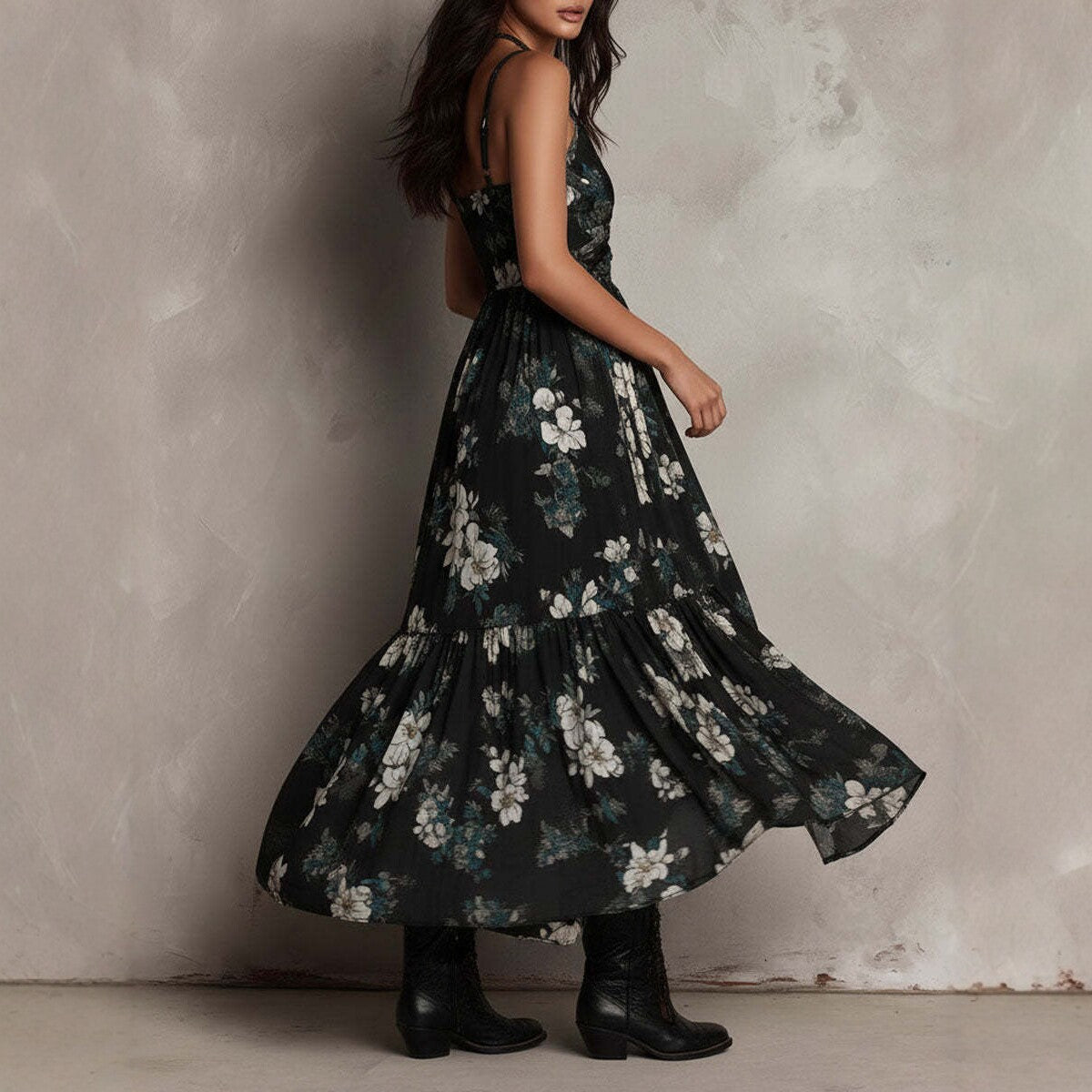 Boho V-Neck Printed Cami Maxi Dress With High Slit