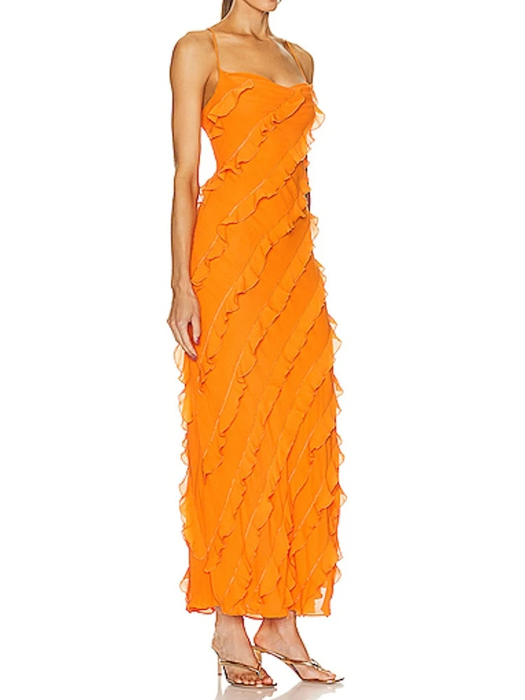 Women's Dress Strapless Spaghetti Strap Backless Ruffles Solid Color Floor-length Dresses Summer