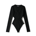 Women Long Sleeve V-neck Buttons Bodysuit Solid Color Elastic Slim Waist Jumpsuits Sexy Tops
