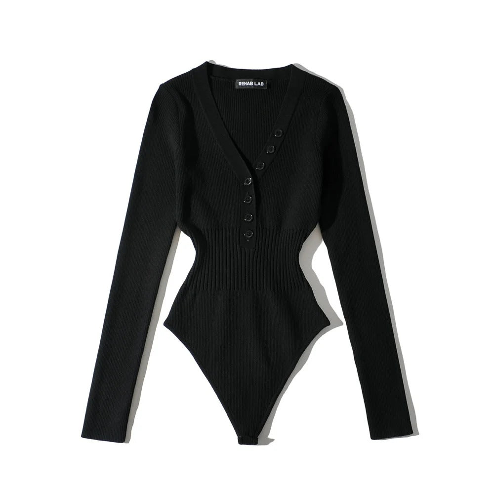 Women Long Sleeve V-neck Buttons Bodysuit Solid Color Elastic Slim Waist Jumpsuits Sexy Tops