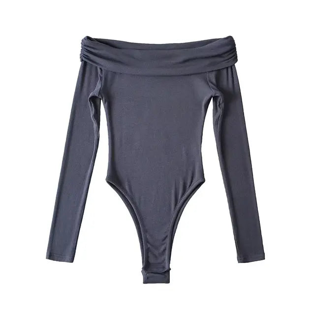 Off Shoulder Long Sleeve Bodysuits Women Knitted Elegant High Stretchable Slim 5 Colors Jumpsuits