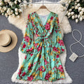 French Floral Dress Women Spring Autum Sexy V-neck Tie Ruffle Chiffon Boho Dress Woman Sweet Pleated Bandage Dress Long Robe