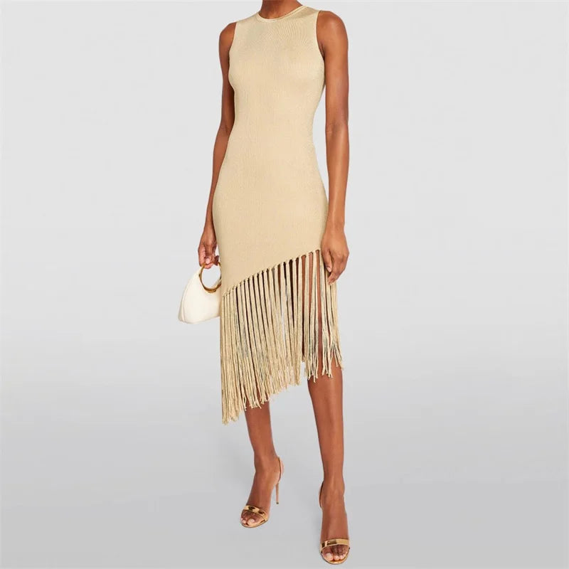 Women's dress Autumn New in fashion Tassel Decorative Bag Hip Skirt Elastic knit slim sleeveless long dresses party dresses