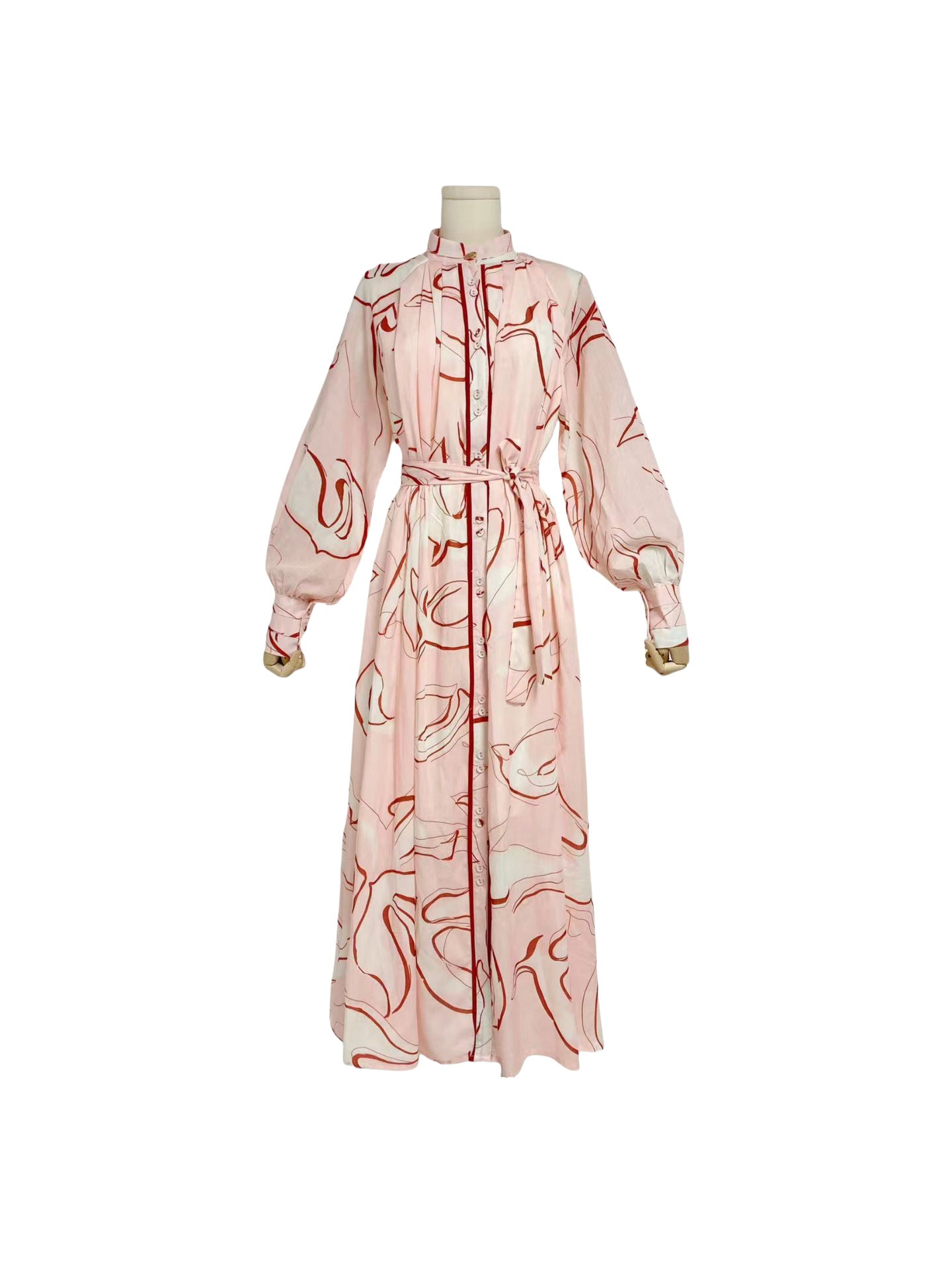 Loose Summer Dresses For Women Stand Collar Puff Sleeve High Waist Print Mid Dress Female Fashion Clothing
