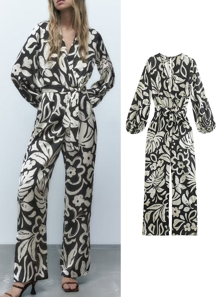 Fashion Women Print Jumpsuits With Belt Spring Autumn Vintage Long Sleeve V-neck Female Causal Playsuits