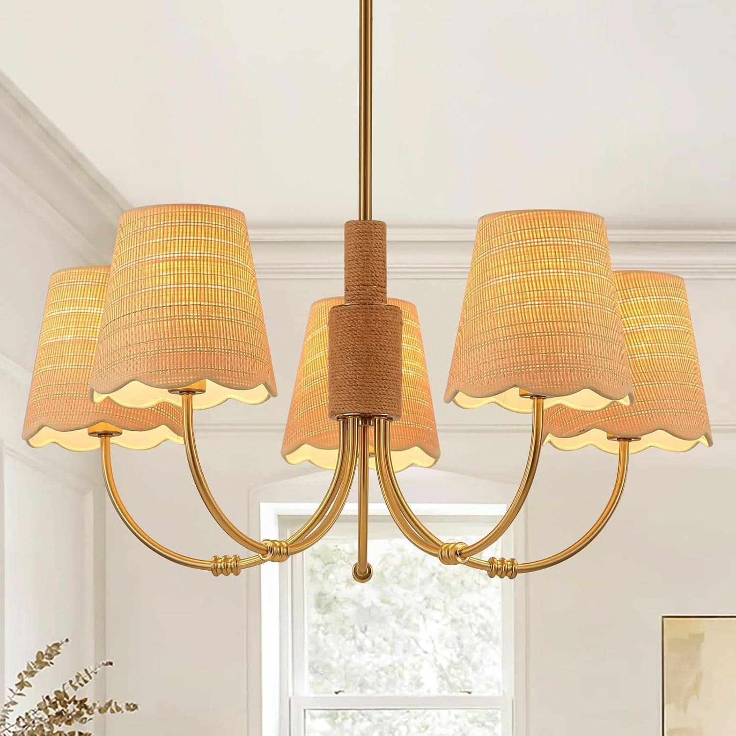 Antique Brass Boho Rattan Chandelier Pendant Dimmable