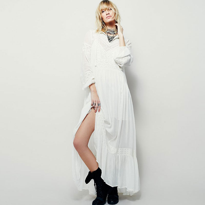 Summer Autumn Ladies Long Sleeve Linen Dress Ethnic Embroidery Hippie Boho People Maxi Robe Long Dress Vestido