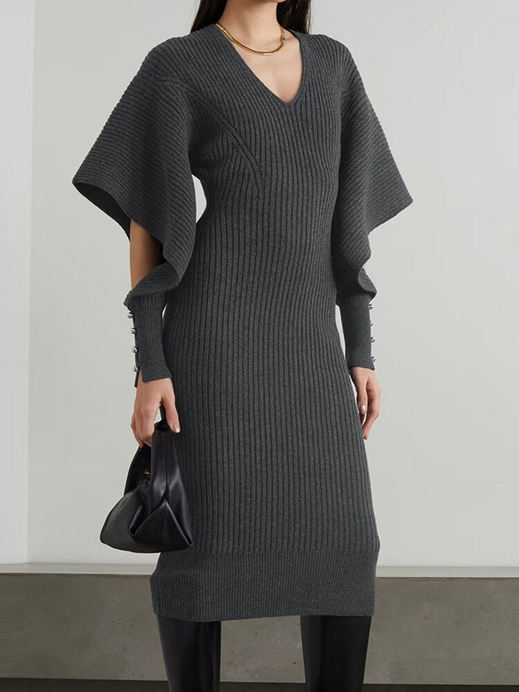 Hollow Out Knitted Dress For Women V Neck Long Sleeve Solid Color 2023 Autumn New Pullover Dresses