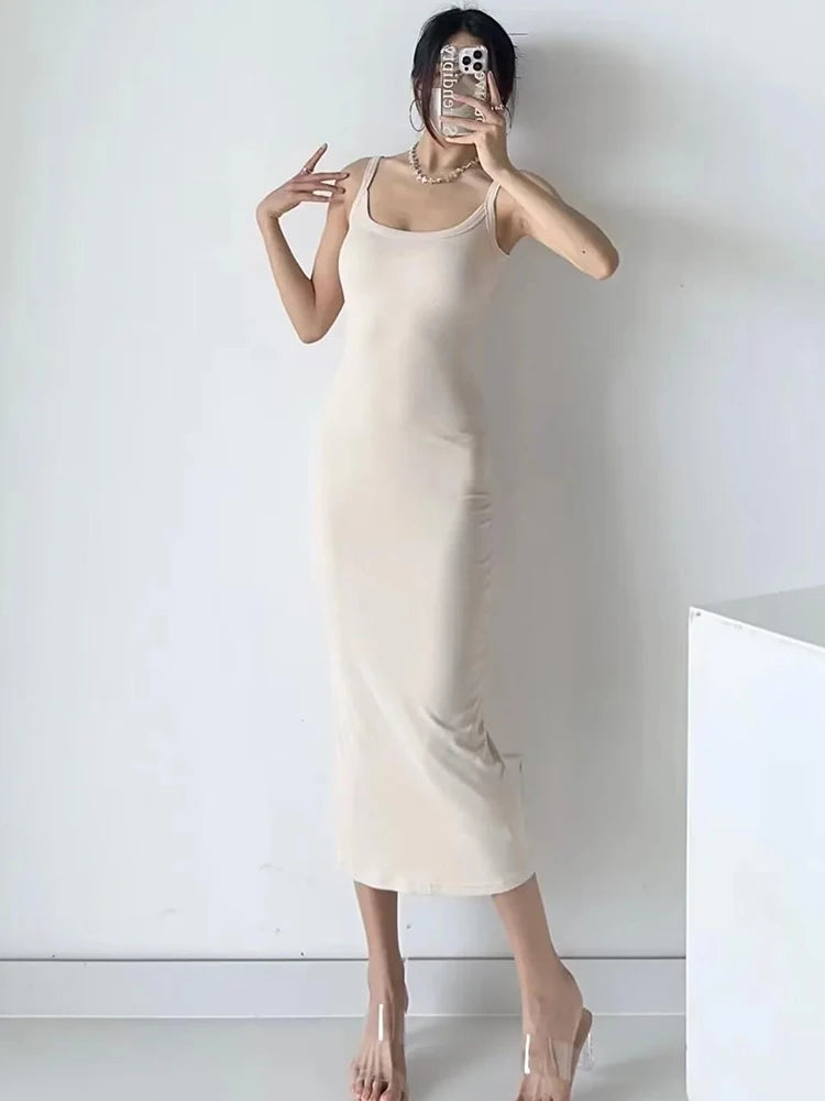 Summer Spaghetti Strap Knits Midi Dress Women Backless Split Slim Elastic 6 Colors Dresses