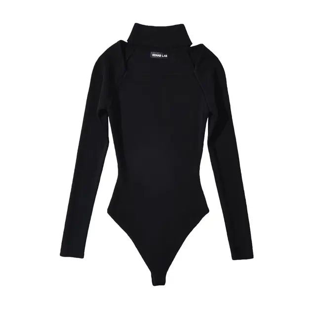 Women Hollow Out Square Collar Bodysuits Long Sleeve Stretchable Slim Jumpsuits