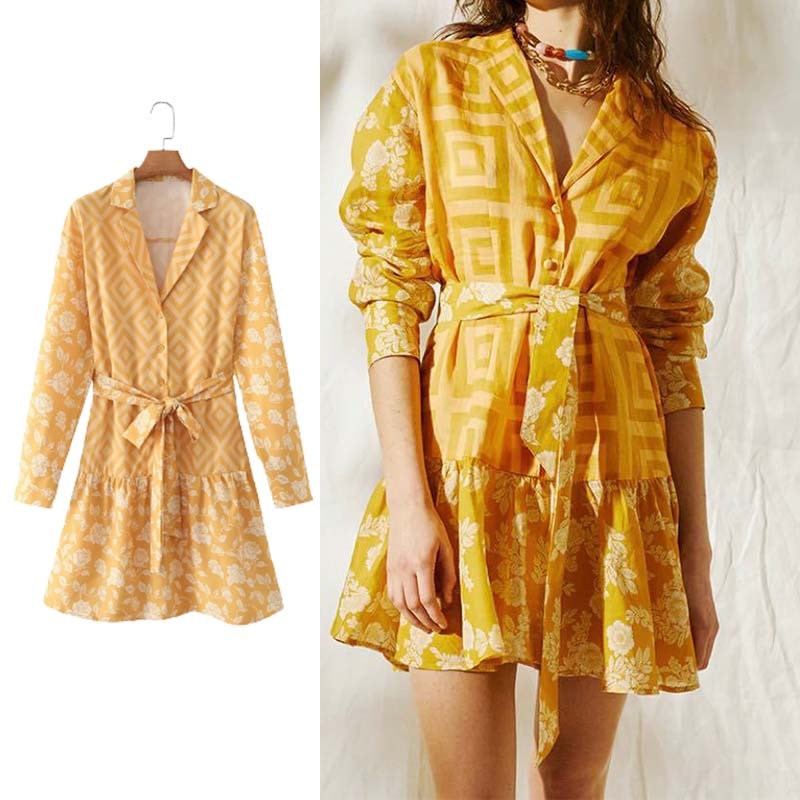 Mini Dress Woman Printed Turn Down Collar Summer Dresses For Women Long Sleeve Casual Dresses Tied Belt Female Dress