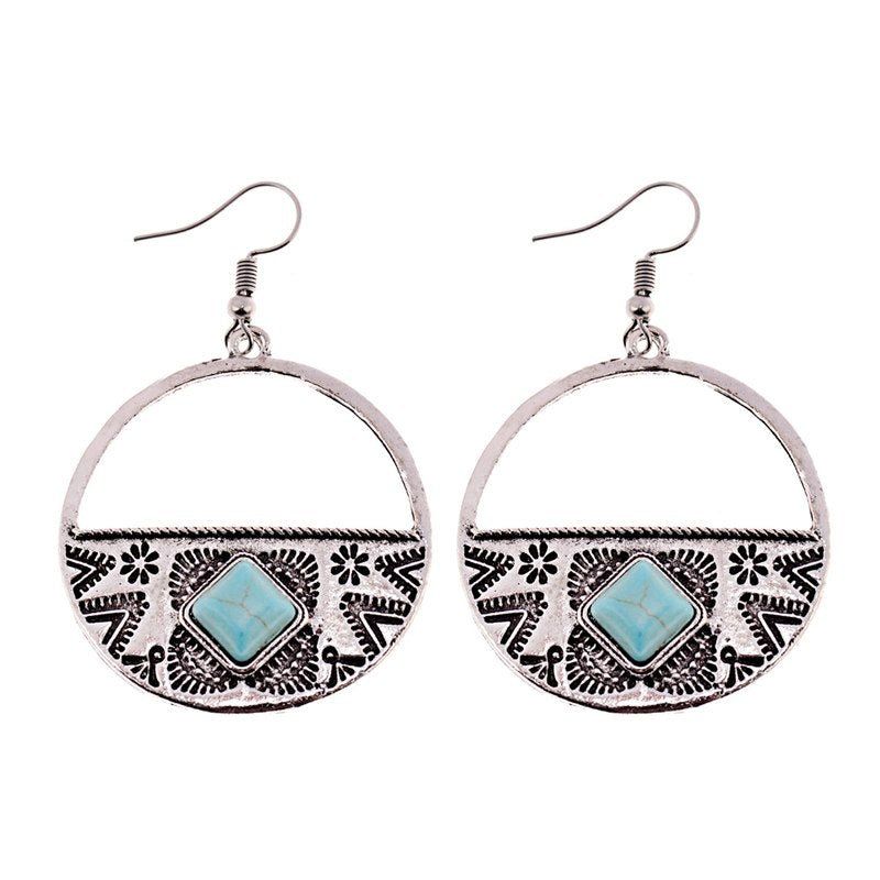 Women's Gothic Bohemia Boho Gypsy Faux Turquoises Round Carved Earrings Jewelry