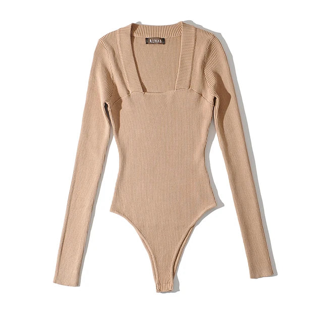 Sexy Slim Square Collar Bodysuit Women Long Sleeve Knitted Elastic Slim Black Jumpsuits