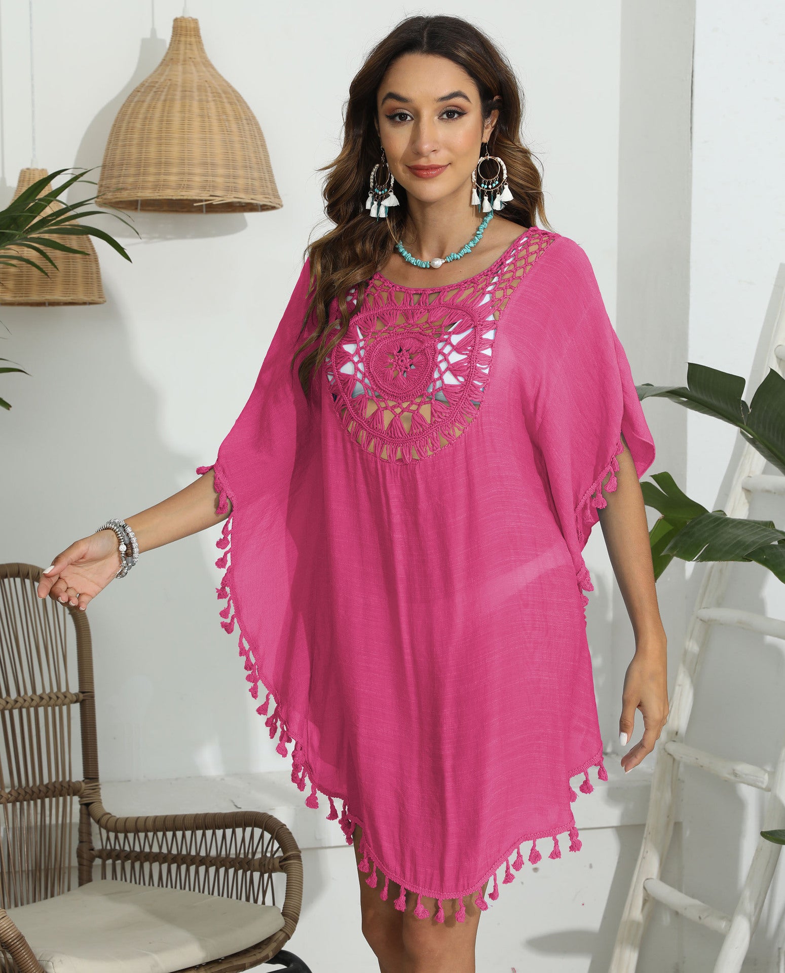 Women's Beach Cover-Up with Hand Crochet Fringe Detailing, Boho Style Bikini Top Outerwear