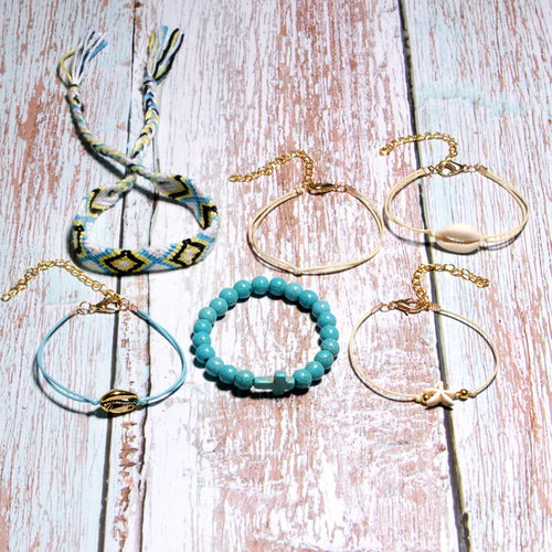 6 Pieces Puka Shell Bracelet Set Cross Beads Weave Boho Fashion Girl Friendship Charm Bracelet Summer Jewelry