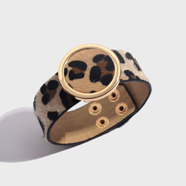 Leopard Bangle Bracelets For Women Boho Gold Color Button Vintage Leather Bracelet Punk Jewelry