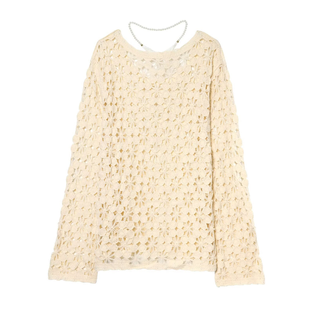 Lace embroidered sleeve crochet hollow long sleeved knitted sweater