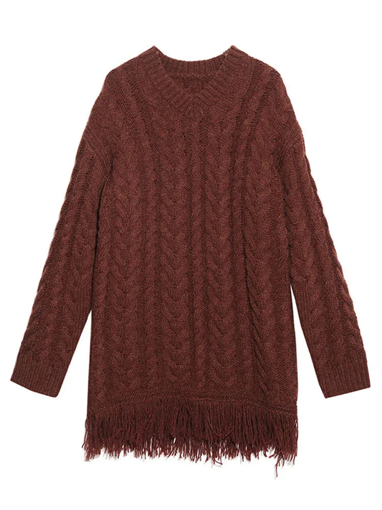 Fashion Women Knitted Dress V-neck Long Sleeve Tassel Mid Waist Weaving Stripes Mini Dresses Spring
