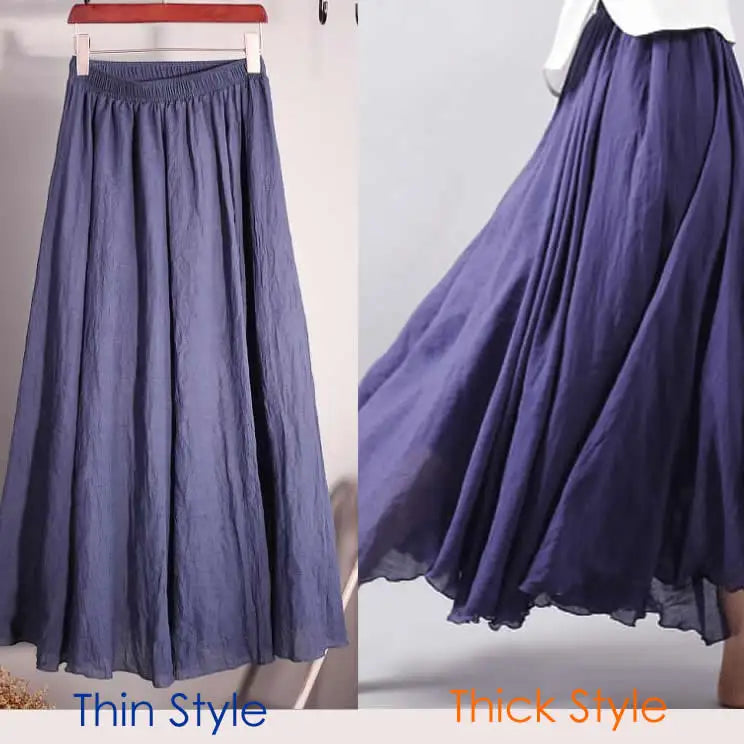 Cotton Linen Maxi Skirt Women Spring Summer Elastic Waist Vintage Solid Pleated Long Skirts Mori Girl Boho Beach Skirt