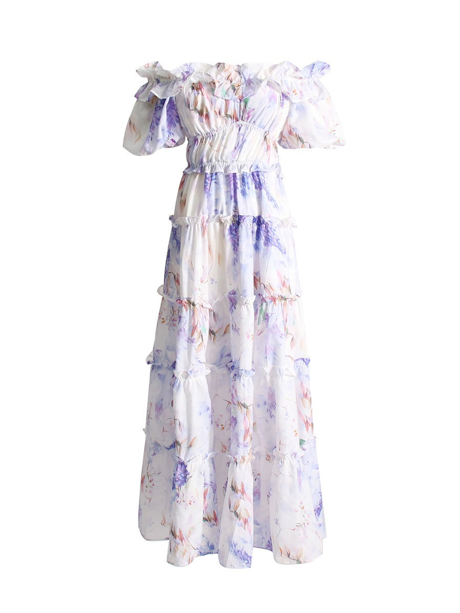 Hit Color Print Dresses For Women Slash Neck Short Sleeve High Waist Off Shoulder Dress