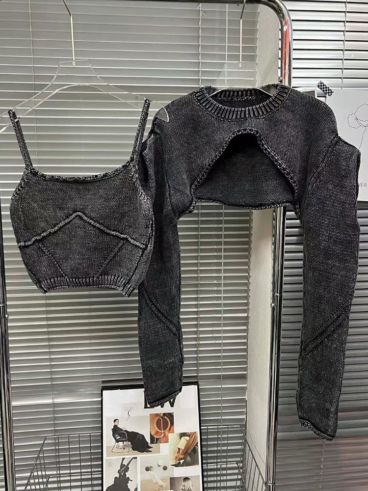 Streetwear Denim Two Piece Set Womens Square Collar Sleeveless Tanks O Neck Long Sleeve Tops Knitting Female Sets
