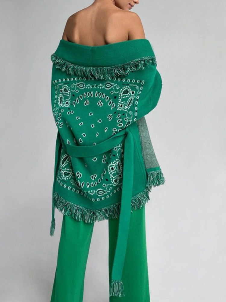 Oversized Jacquard Cardigan fringe hem belt tied cardigan women new autumn winter warm boho cardigan sweater coat