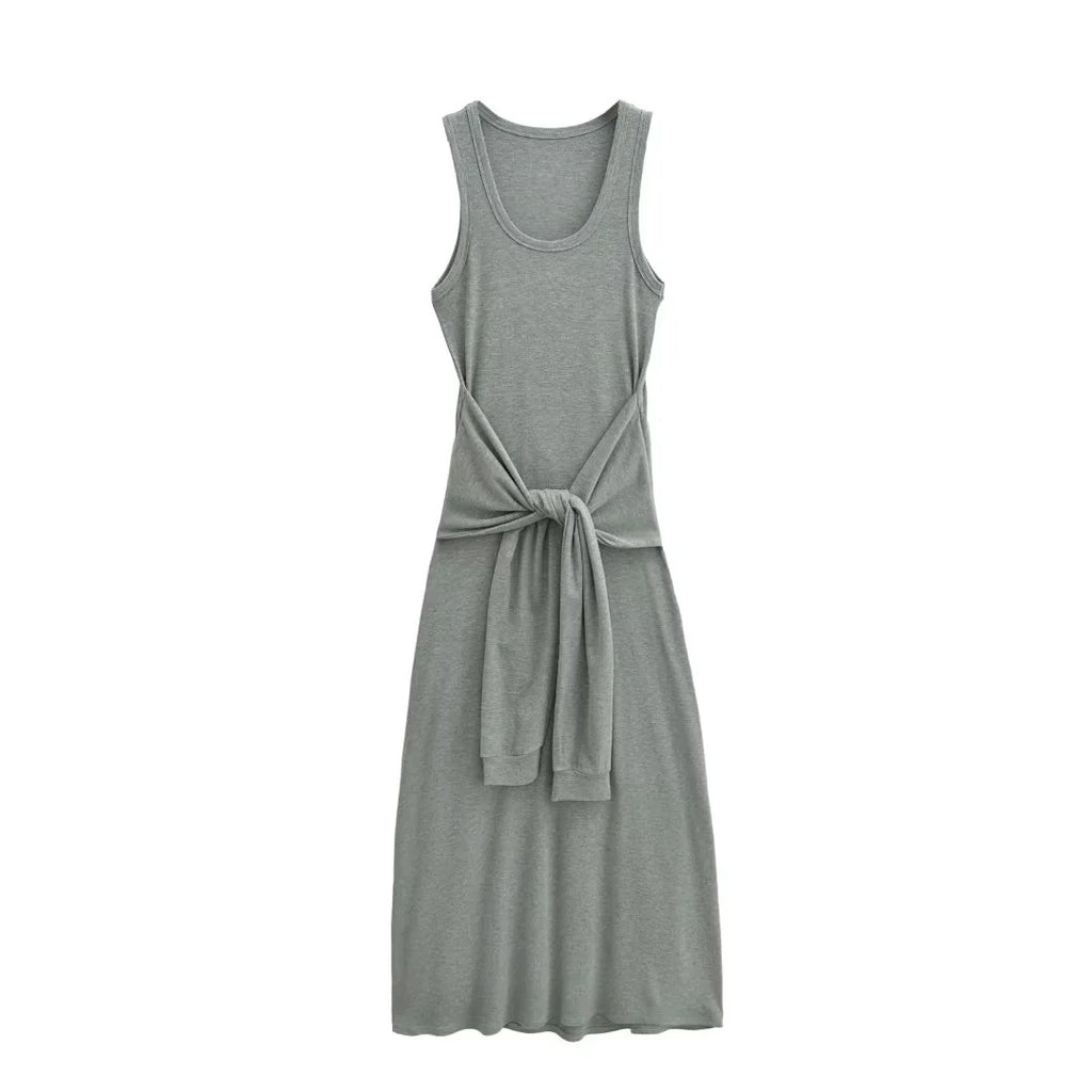 Fake two waist cinched sleeveless vest long dresses