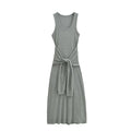 Fake two waist cinched sleeveless vest long dresses