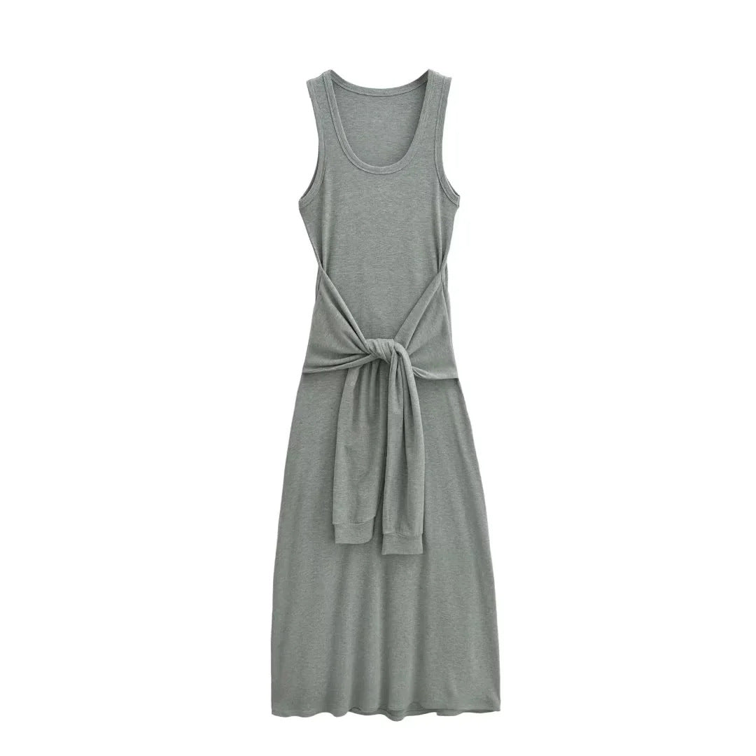 Fake two waist cinched sleeveless vest long dresses