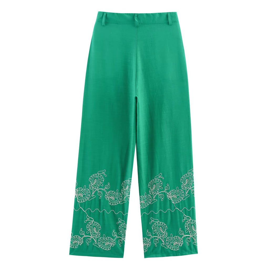 Casual versatile embroidered wide leg pants