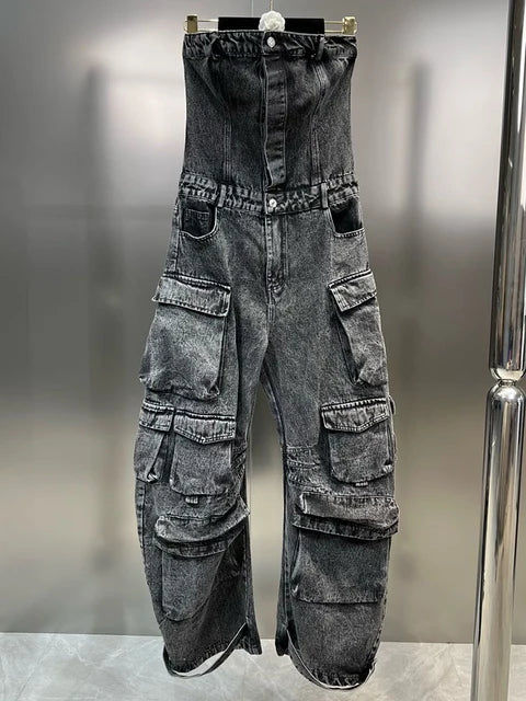 Solid Jumpsuits For Women Strapless Sleeveless High Waist Cargo Pants Summer  Jumpsuit Female Fashion Clothing