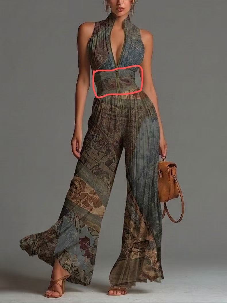 Women’s Pleated Wide Leg Jumpsuit With Strap Neckline