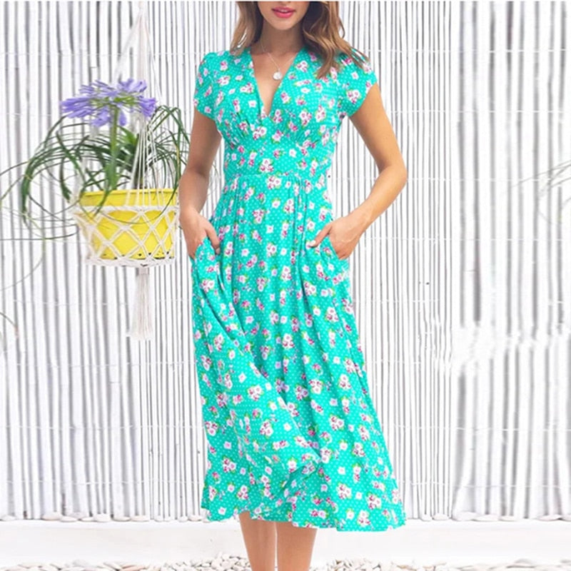 Printed Pocket Boho V-Neck Dress
