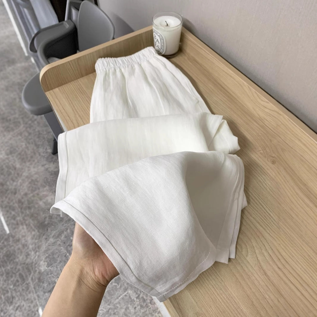 White Linen-Blend Wide-Leg Pants for Women, Summer Lightweight Loose Boho Drapey  Casual Straight Trousers