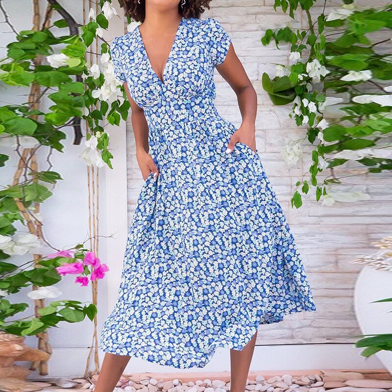 Printed Pocket Boho V-Neck Dress