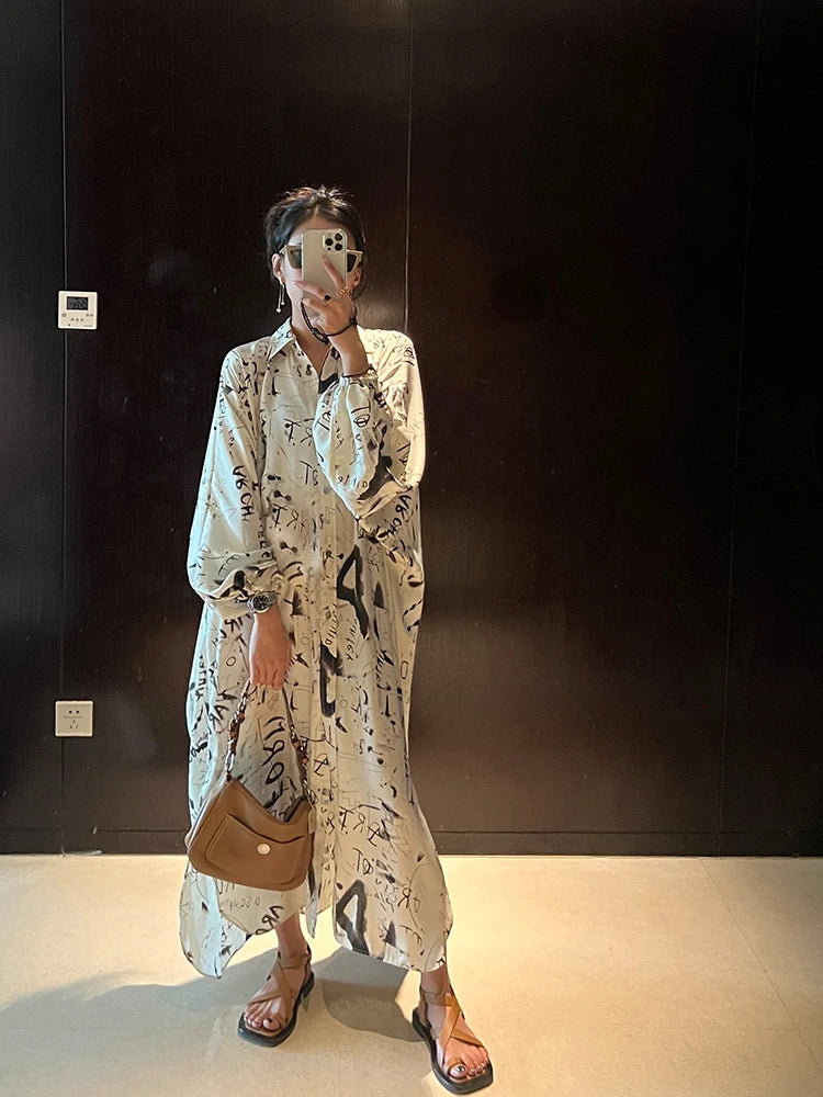 Women Dress Printed Lantern Sleeve Single Breasted Shirt Dress Loose Leisure Oversized Long Dresses