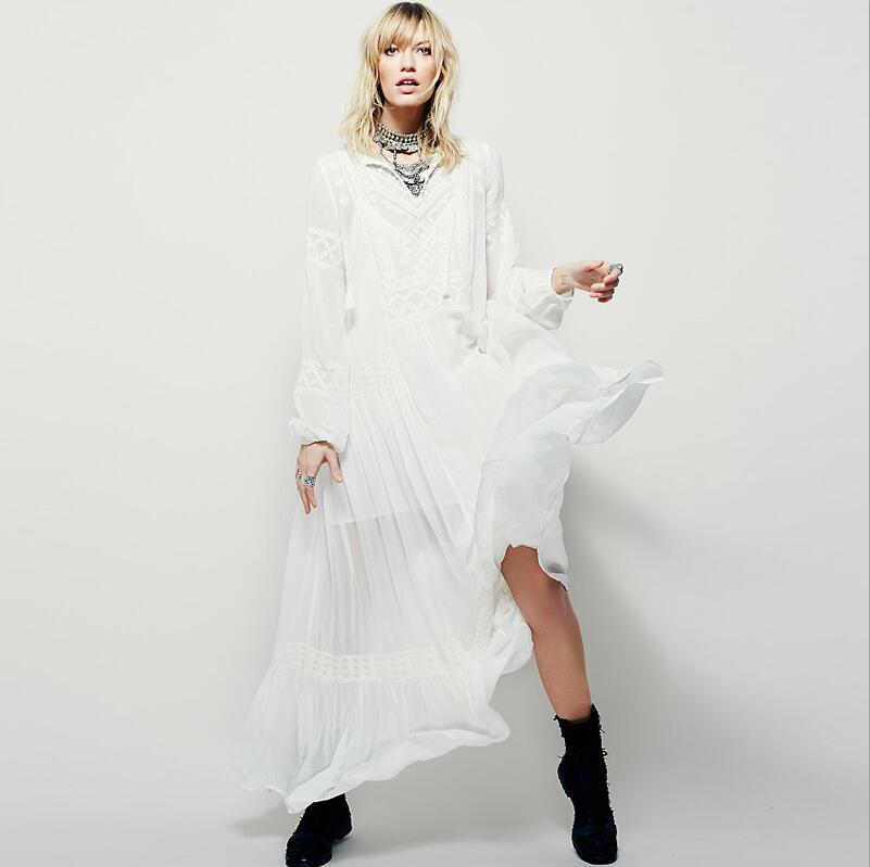 Summer Autumn Ladies Long Sleeve Linen Dress Ethnic Embroidery Hippie Boho People Maxi Robe Long Dress Vestido