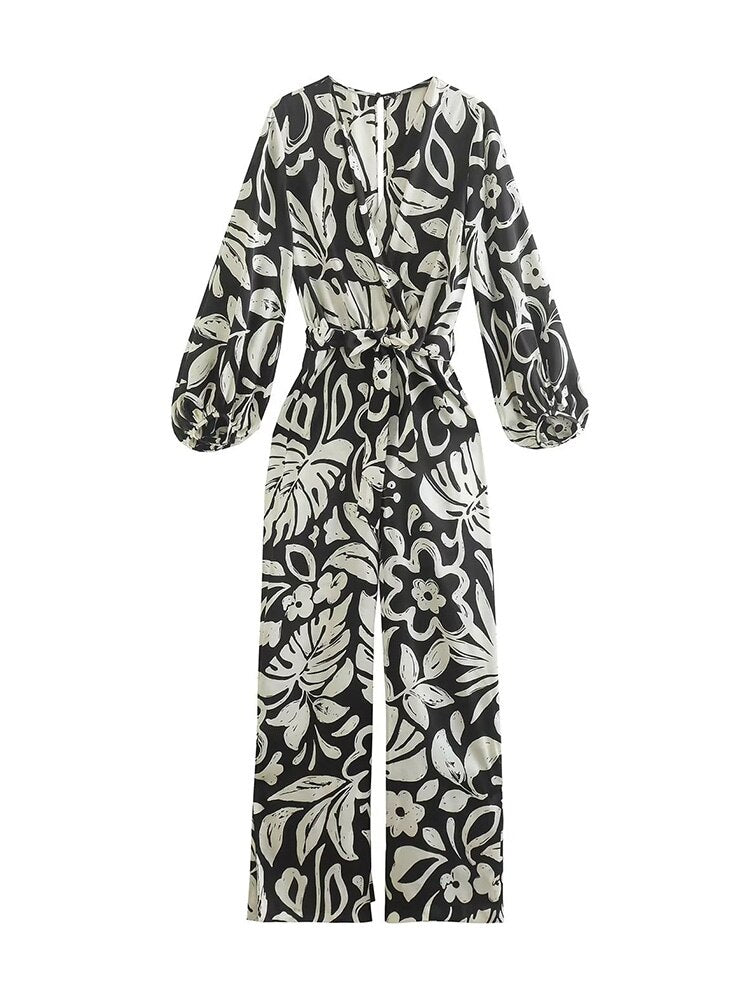 Fashion Women Print Jumpsuits With Belt Spring Autumn Vintage Long Sleeve V-neck Female Causal Playsuits