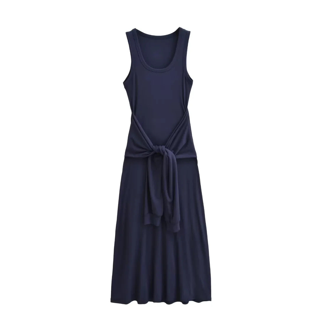 Fake two waist cinched sleeveless vest long dresses