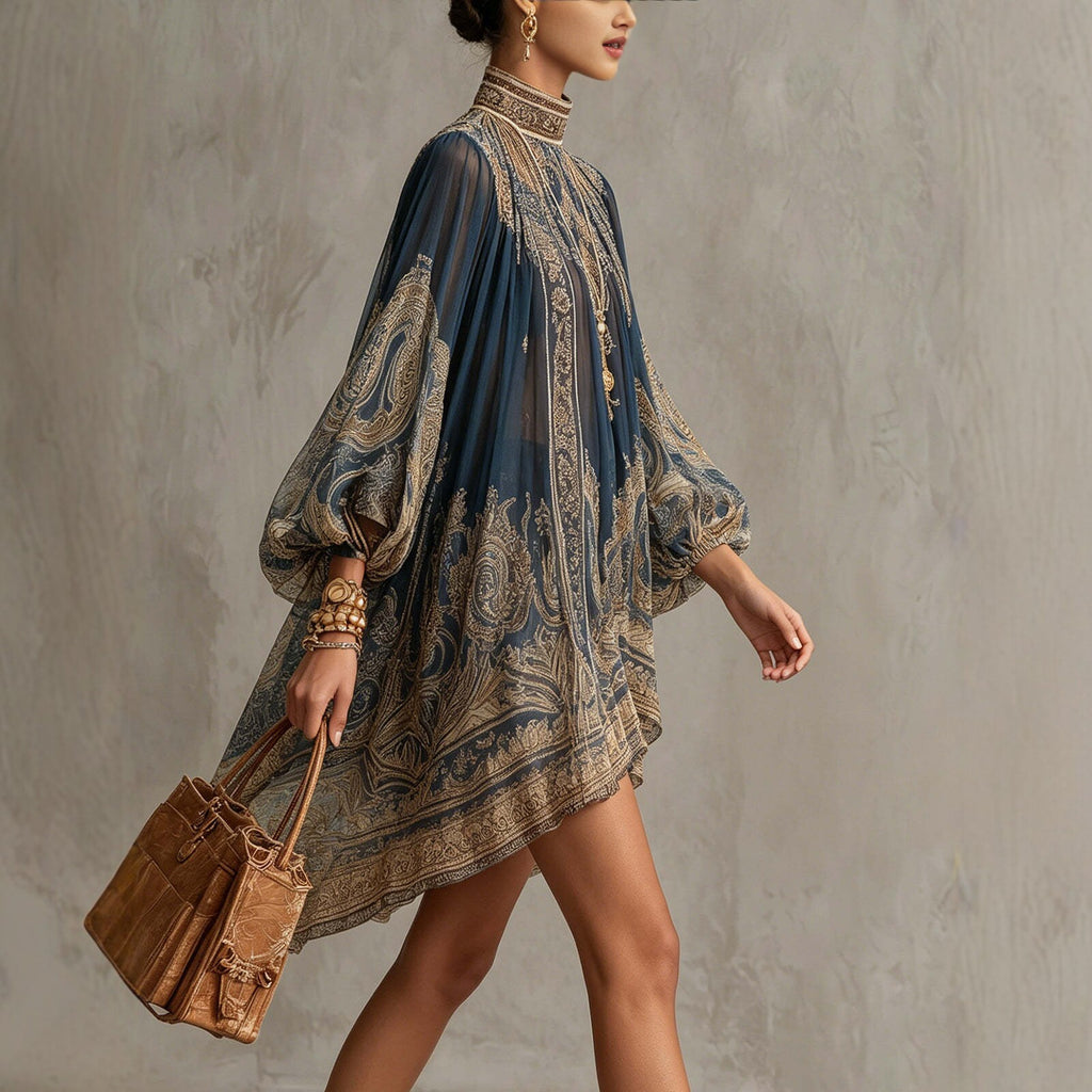 Boho Chiffon Long Sleeve High Neck Mini Dress