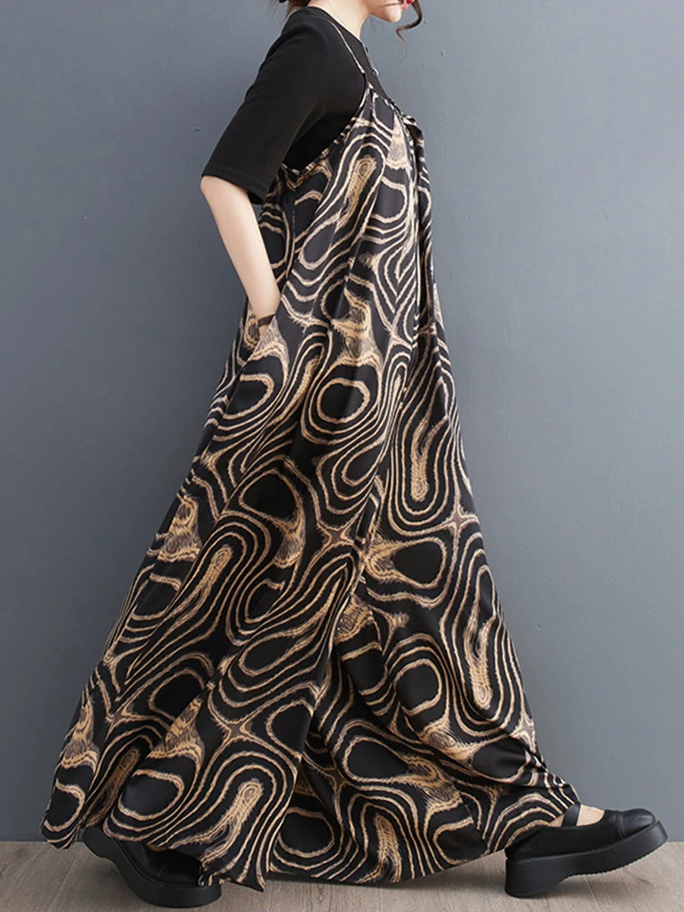 Vintage Jumpsuits Fashion Loose All Match Casual Print  Summer Women New Arrival Sling Appear Thin
