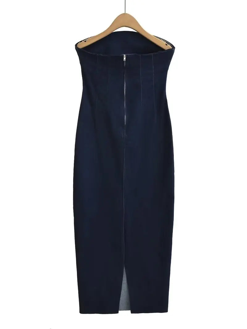 Summer Off Shoulder Blue Denim Dress Women Elegant Zipper Backless Midi Dresses
