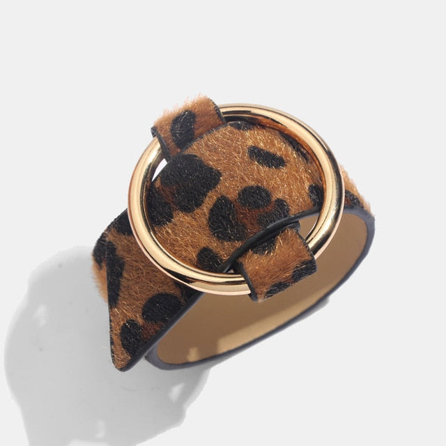 Leopard Bangle Bracelets For Women Boho Gold Color Button Vintage Leather Bracelet Punk Jewelry