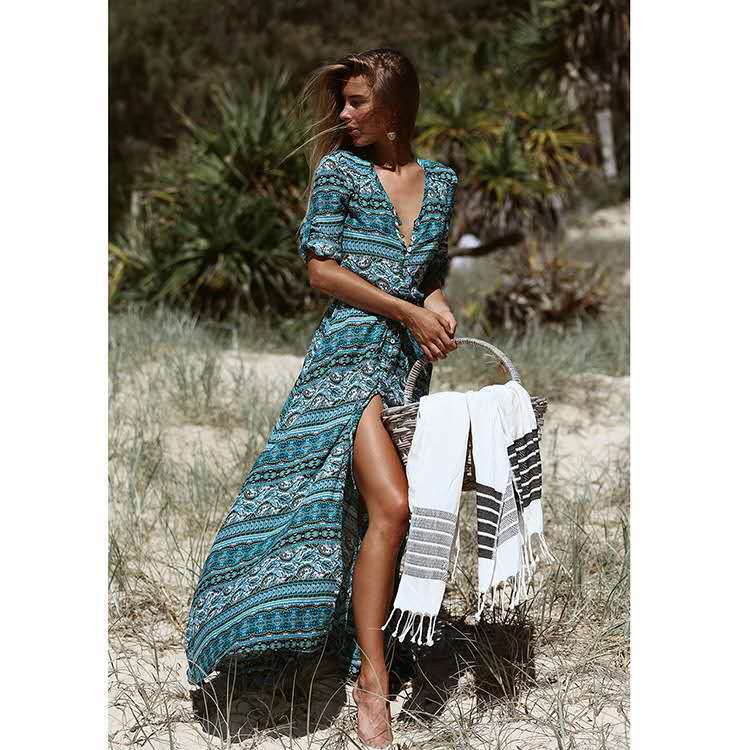 Boho Print V-Neck Maxi Dress With Elastic Waist